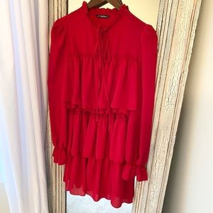 SHEIN Red Ruffle Long Sleeve Dress